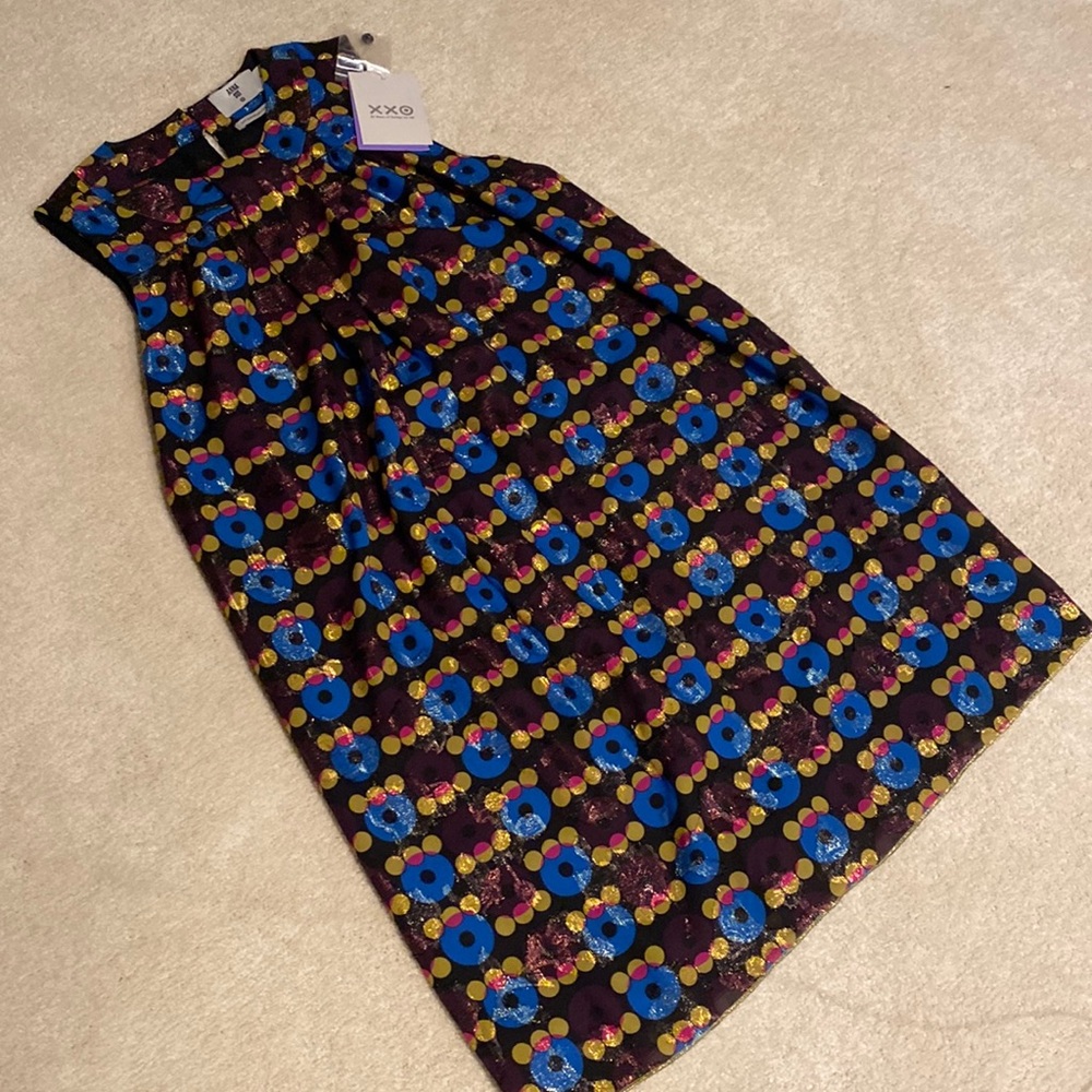 NWT Anna Sui for Target plum, blue, yellow shift dress with metallic threading